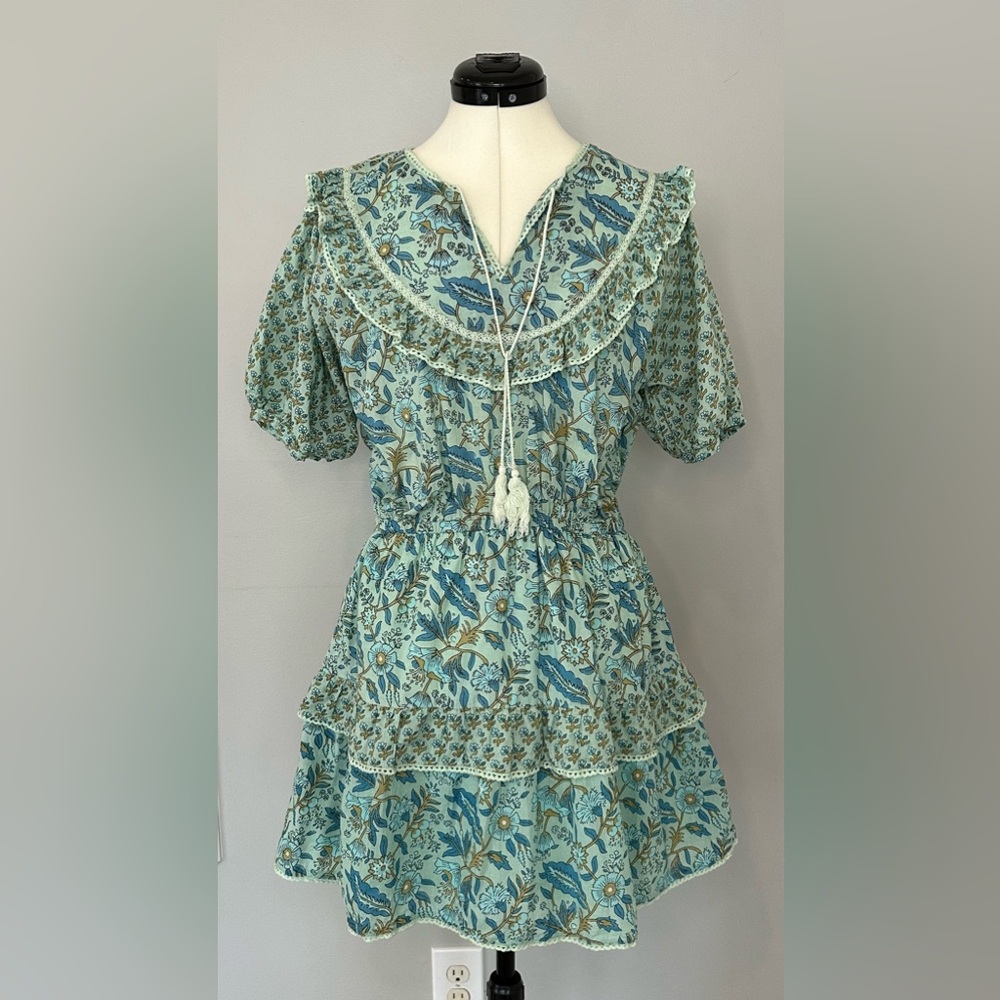 Maisie Elastic Waist Mini Dress In Ivory/Teal